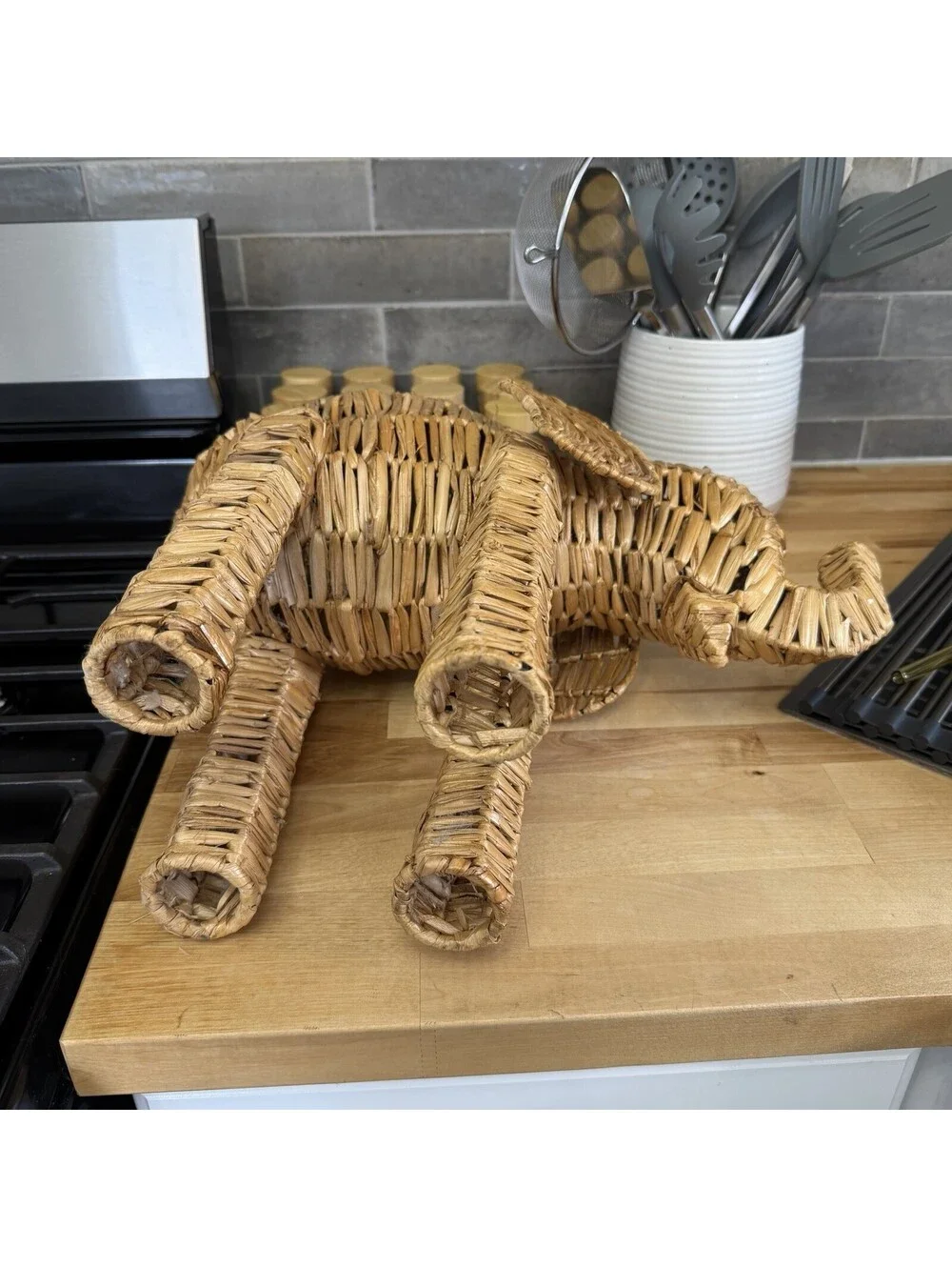 MCM 15” Woven Wicker Elephant Statue Decor Vintage Handmade Safari
